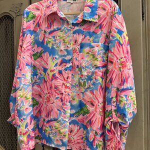 (NOT Avail)Bright Floral Button-Front Shirt – Multi-Color Pink/Blue – Women’s 2X